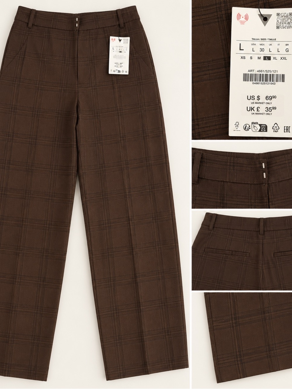 Zara Brown Plaid Straight-Leg Dress Pants